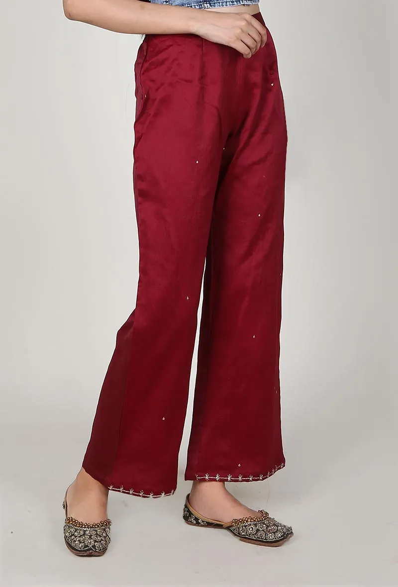 Red Chanderi Palazzo With Zari Embroidery