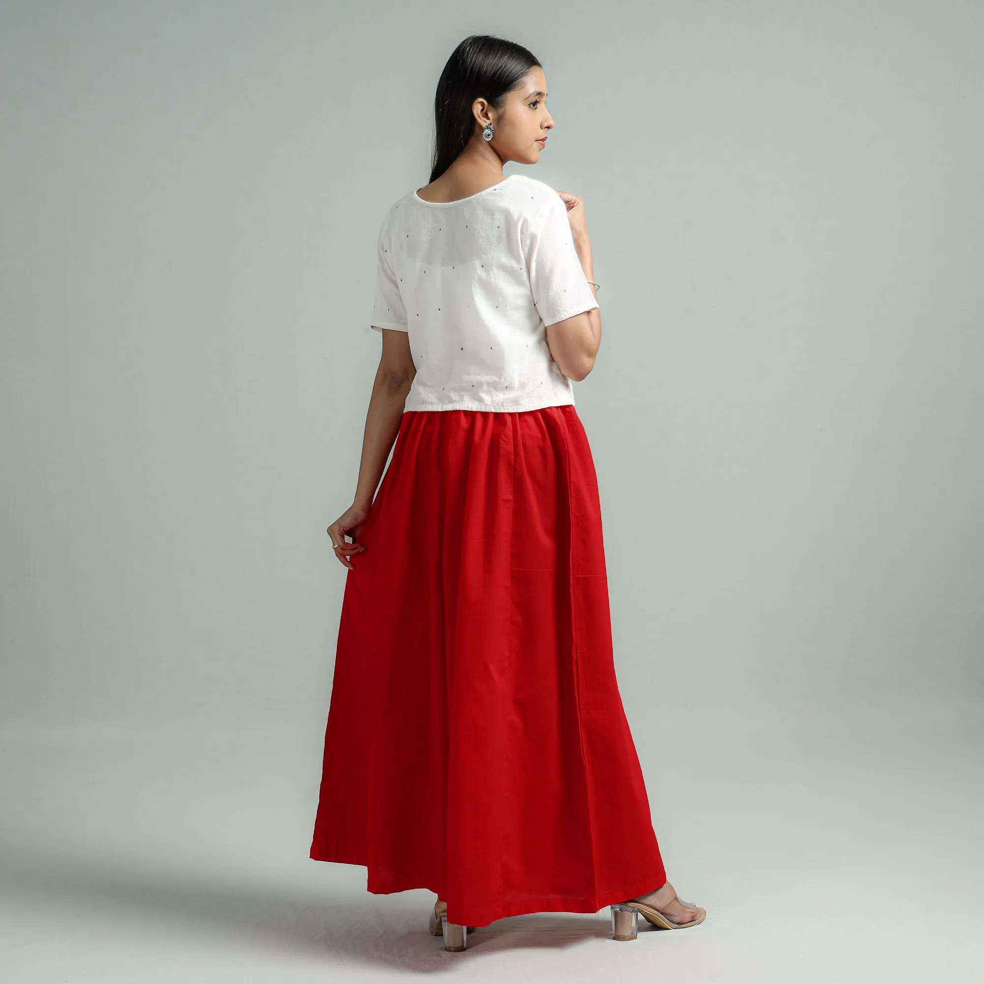 Red - Plain Dyed Cotton Flared Palazzo