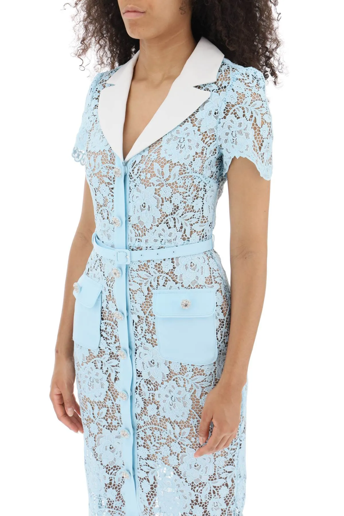 Self portrait midi dress in floral lace with contrasting lapel and jewel buttons