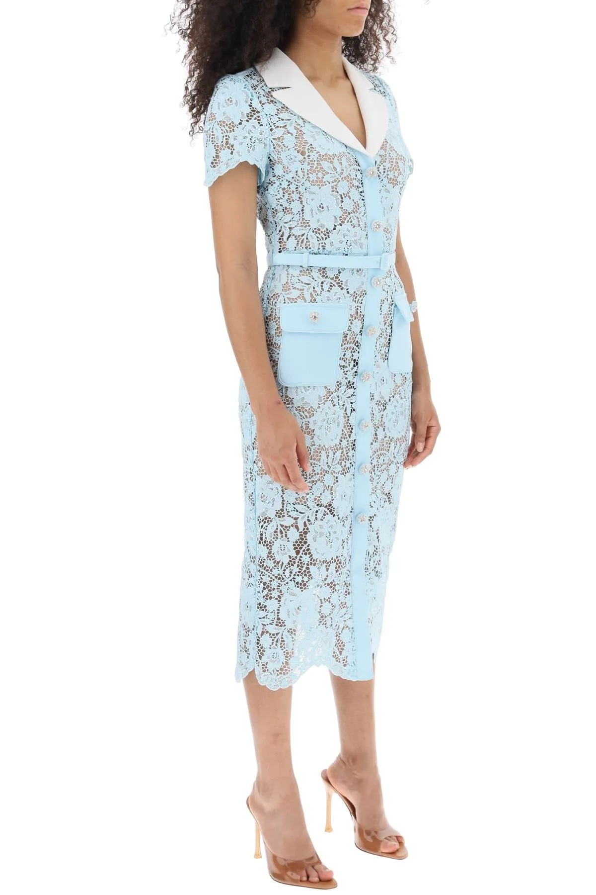 Self portrait midi dress in floral lace with contrasting lapel and jewel buttons