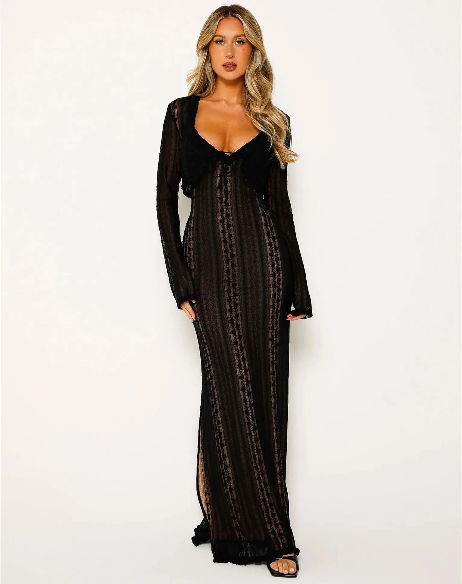 Sexy 2 Piece Lace Y2k Fairy Deep V Neck Spaghetti Strap Slip Matching Crop Cardigan Lace Dress