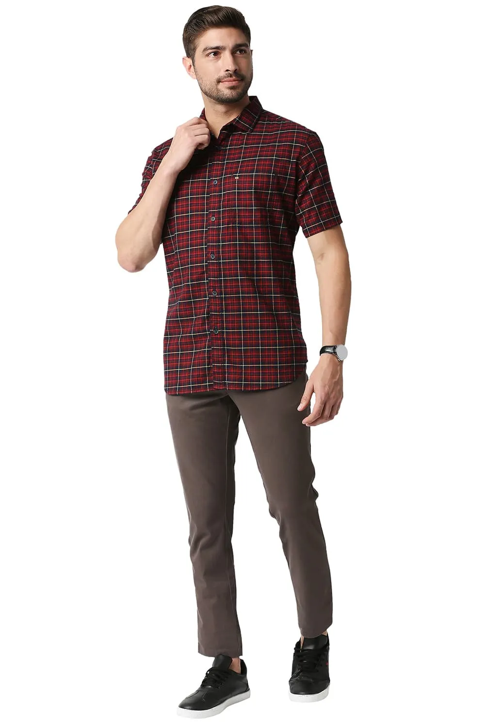 Slim Fit Stretch Checks Halfsleeves Shirt