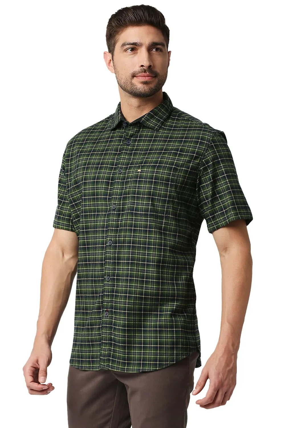 Slim Fit Stretch Checks Halfsleeves Shirt