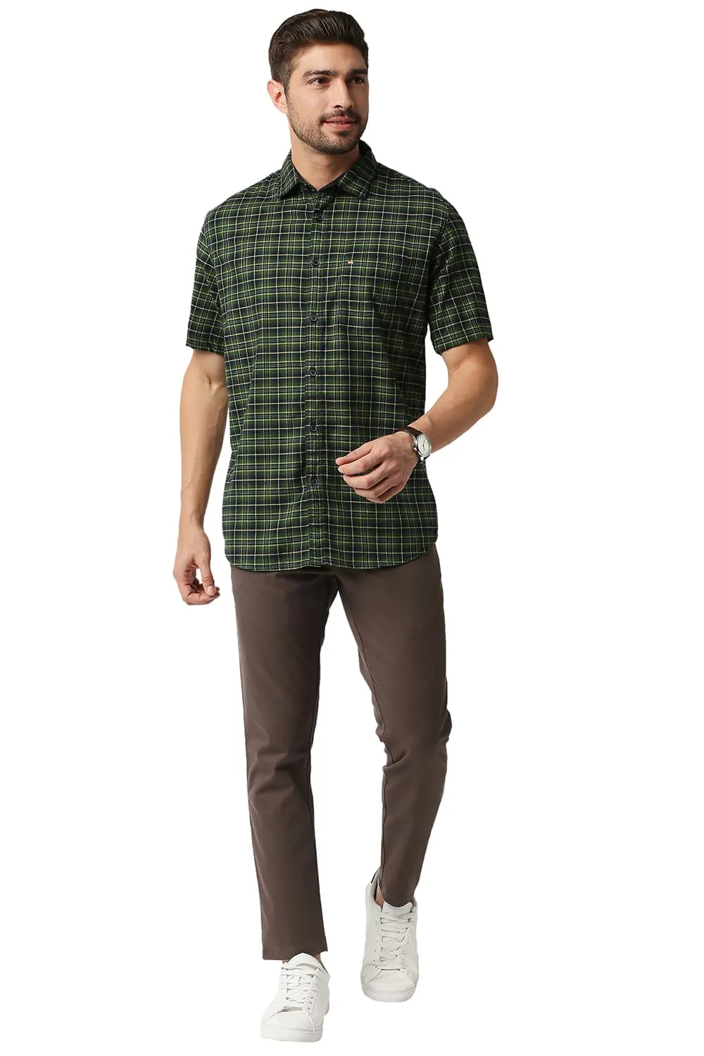 Slim Fit Stretch Checks Halfsleeves Shirt