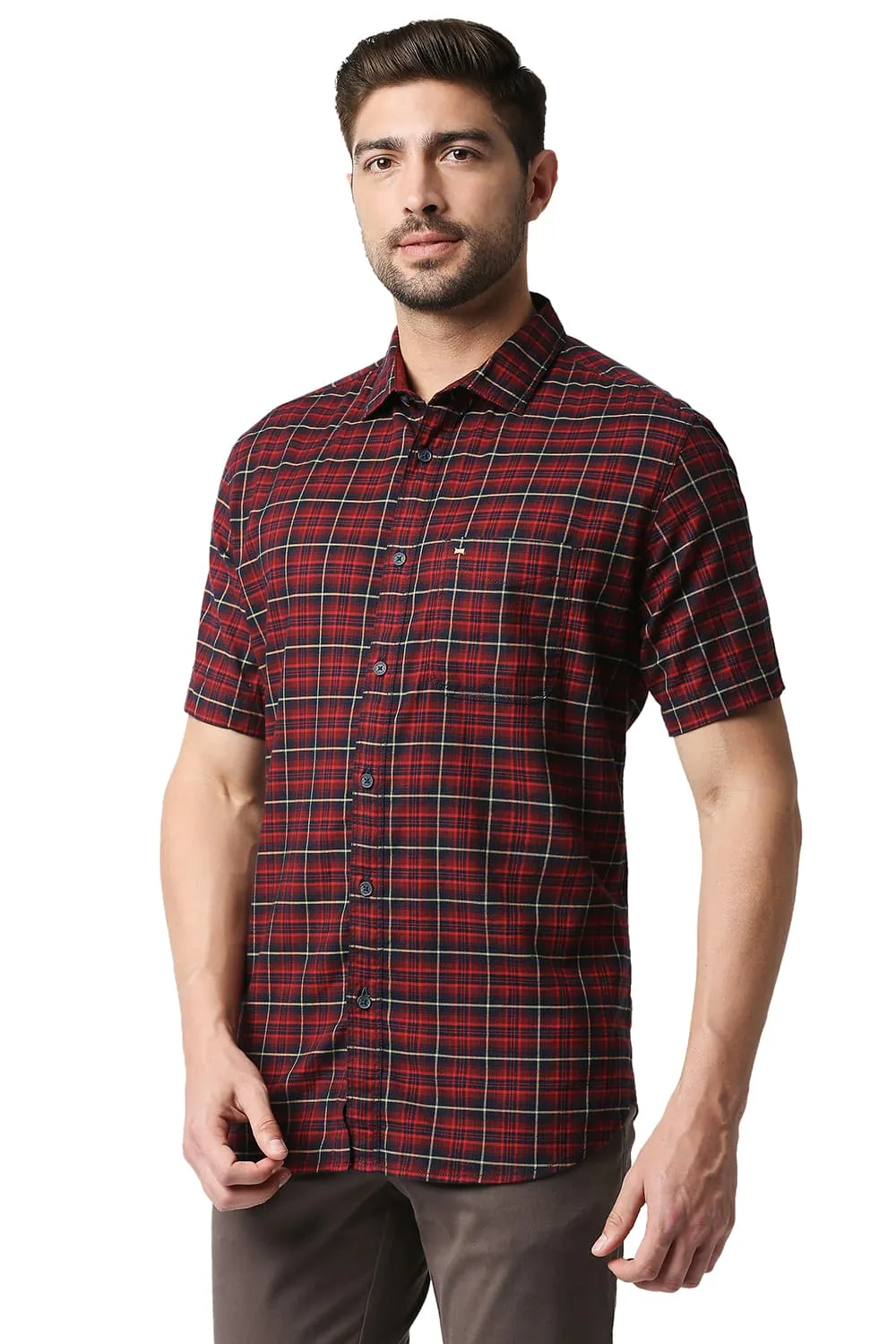 Slim Fit Stretch Checks Halfsleeves Shirt