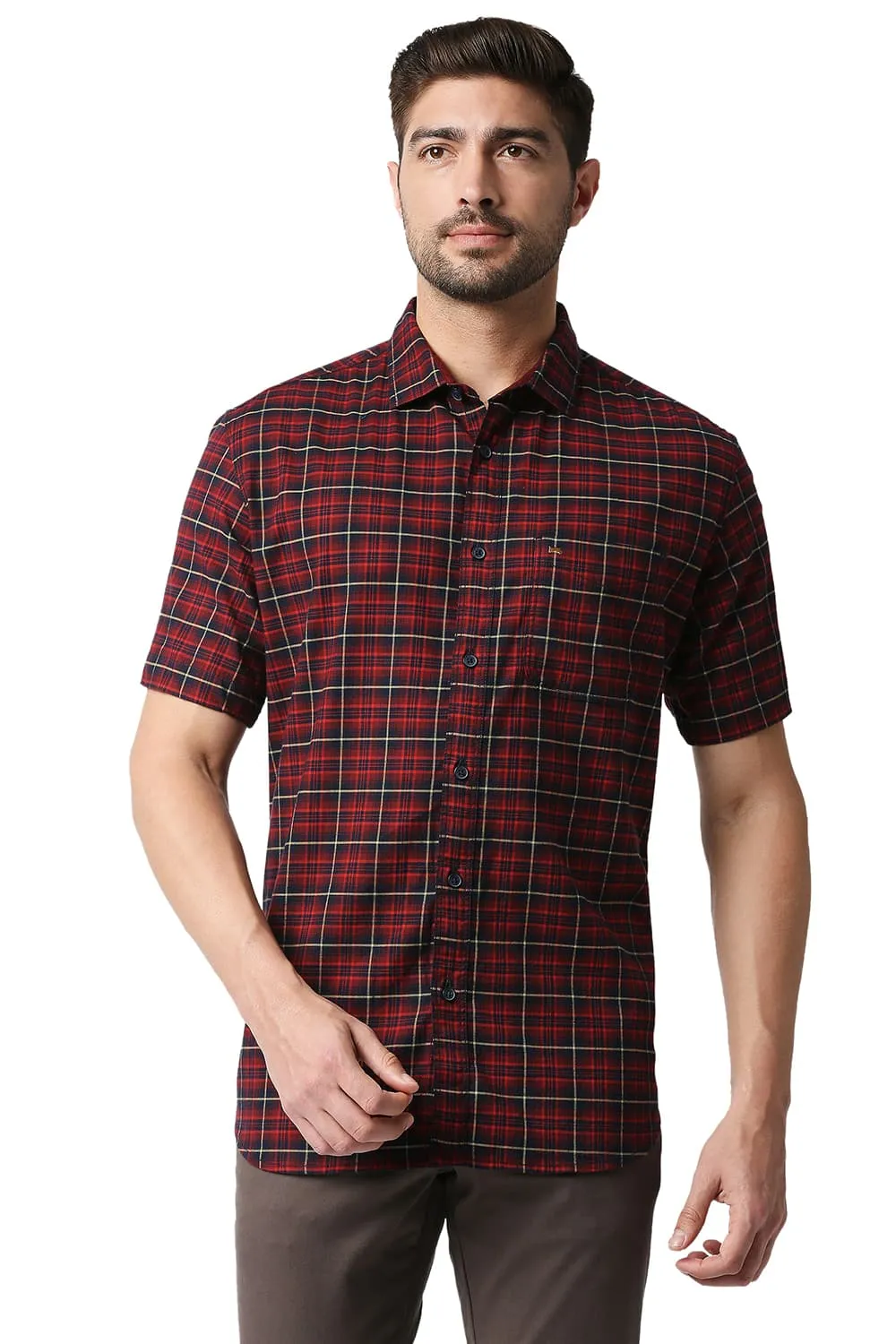 Slim Fit Stretch Checks Halfsleeves Shirt