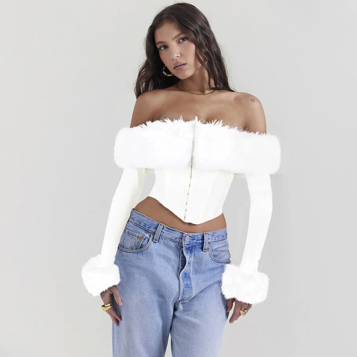 Suninheart Autumn and Winter Women Tops 2023 Detachable Fur Off The Shoulder Cropped Top Sexy Black Casual Long Sleeve Blouse