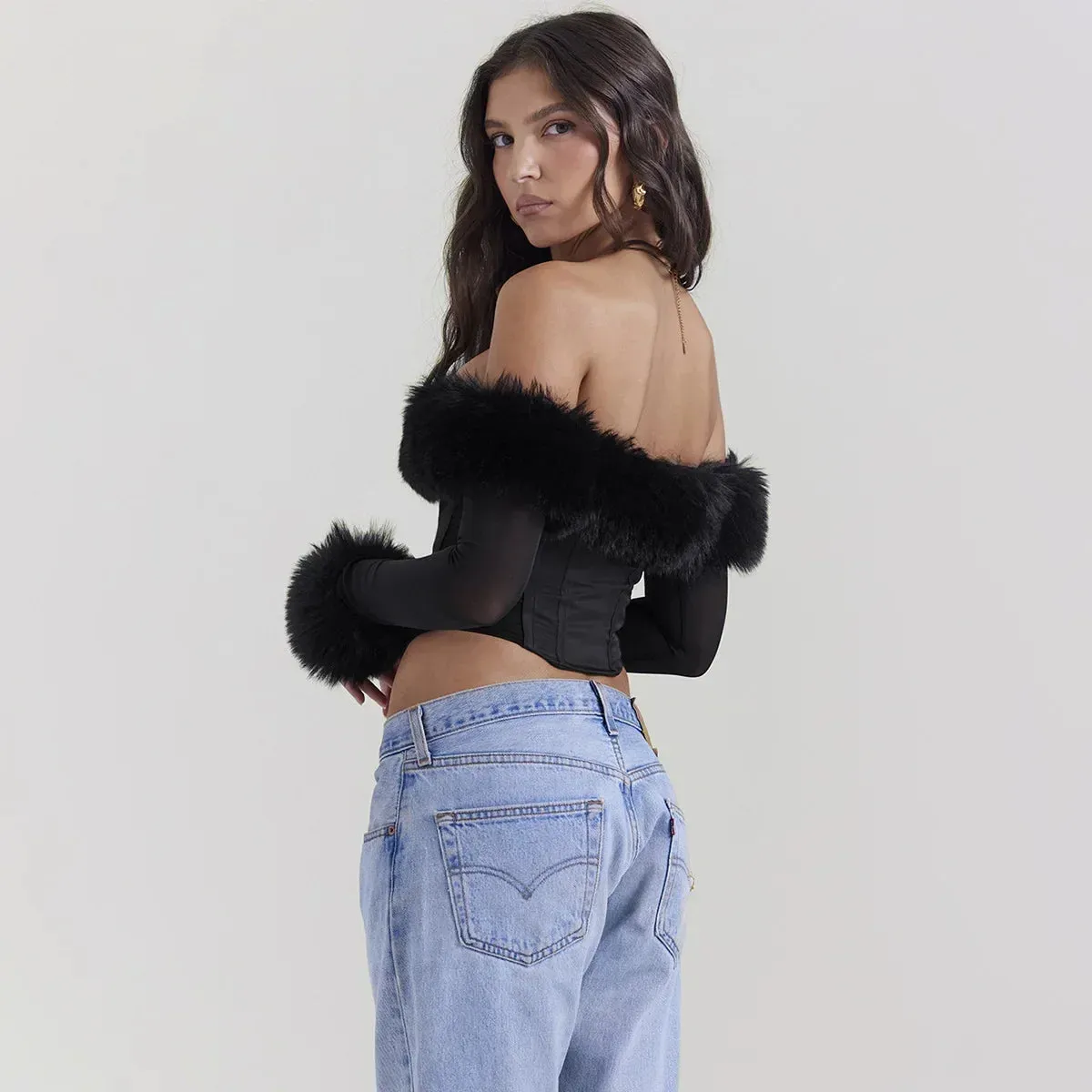 Suninheart Autumn and Winter Women Tops 2023 Detachable Fur Off The Shoulder Cropped Top Sexy Black Casual Long Sleeve Blouse