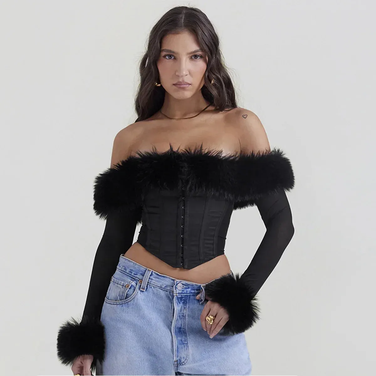 Suninheart Autumn and Winter Women Tops 2023 Detachable Fur Off The Shoulder Cropped Top Sexy Black Casual Long Sleeve Blouse