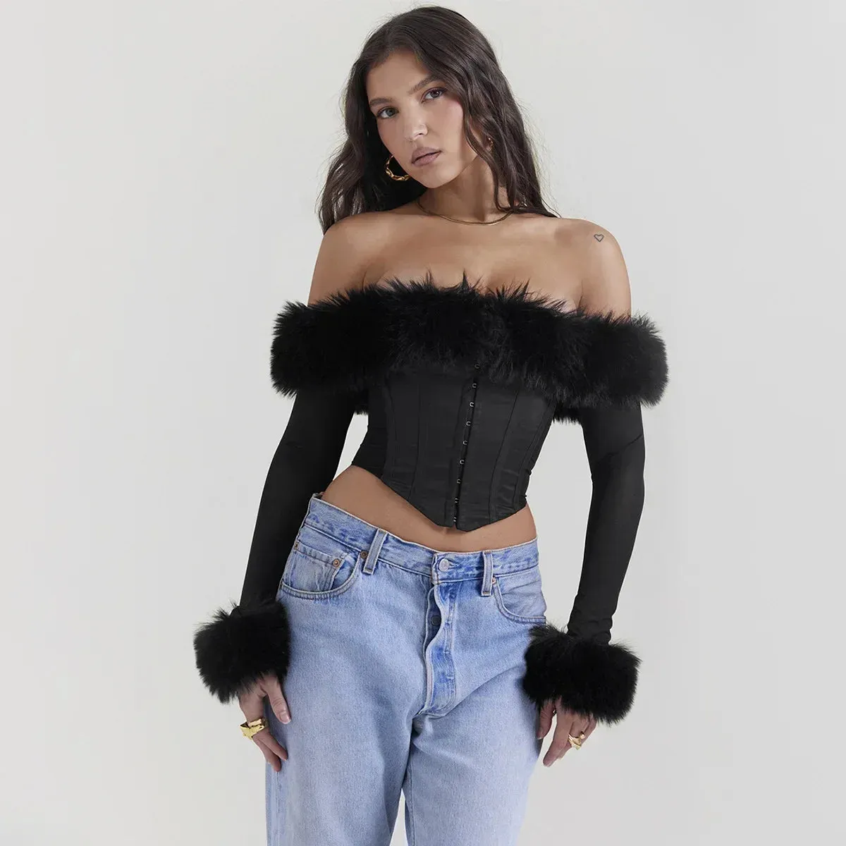 Suninheart Autumn and Winter Women Tops 2023 Detachable Fur Off The Shoulder Cropped Top Sexy Black Casual Long Sleeve Blouse