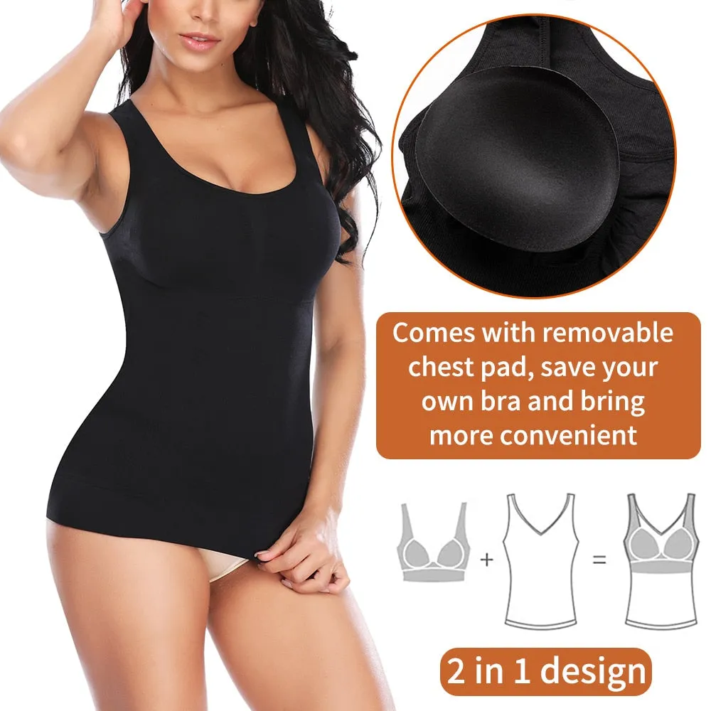 Tank Tops with Built in Bra Shelf Bra Casual Wide Strap Basic Camisole Sleeveless Top Body Shaper with Removable Bra Shapewear