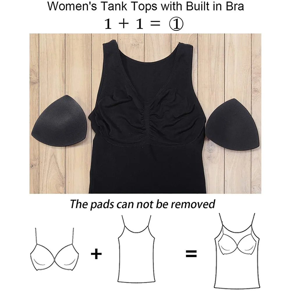 Tank Tops with Built in Bra Shelf Bra Casual Wide Strap Basic Camisole Sleeveless Top Body Shaper with Removable Bra Shapewear