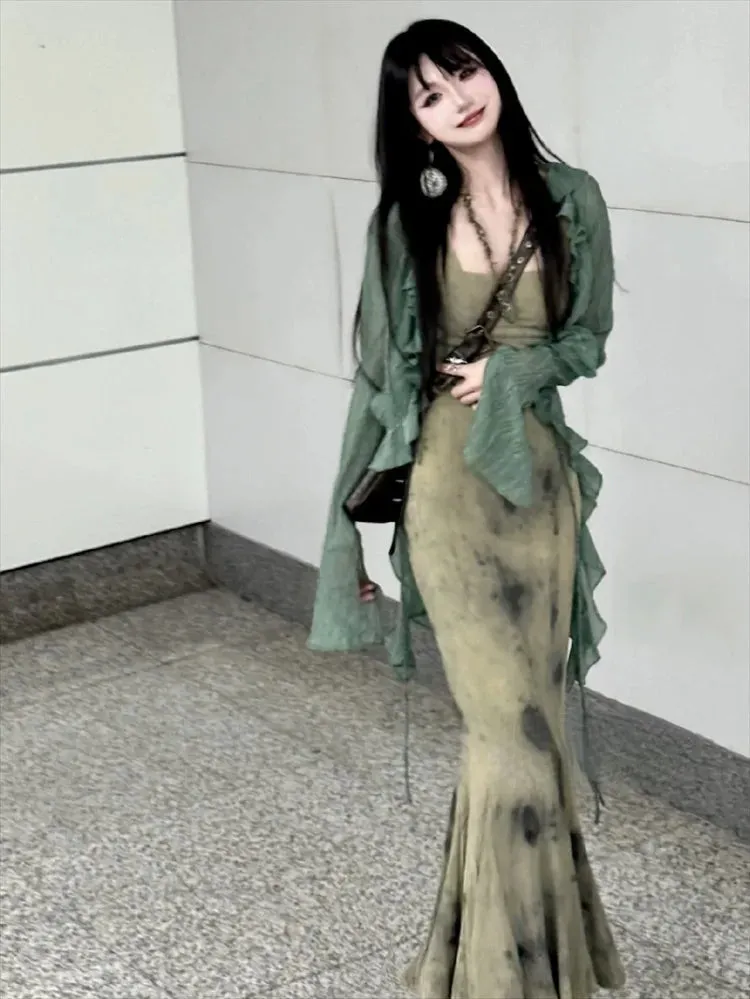 Territory New Chinese Style Halo Dyeing Slim Fit Camisole Dresses  Y2k Ruffles Long Sleeve Green Cardigan Spring  Two Piece Sets