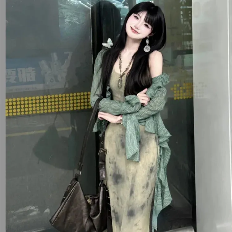 Territory New Chinese Style Halo Dyeing Slim Fit Camisole Dresses  Y2k Ruffles Long Sleeve Green Cardigan Spring  Two Piece Sets