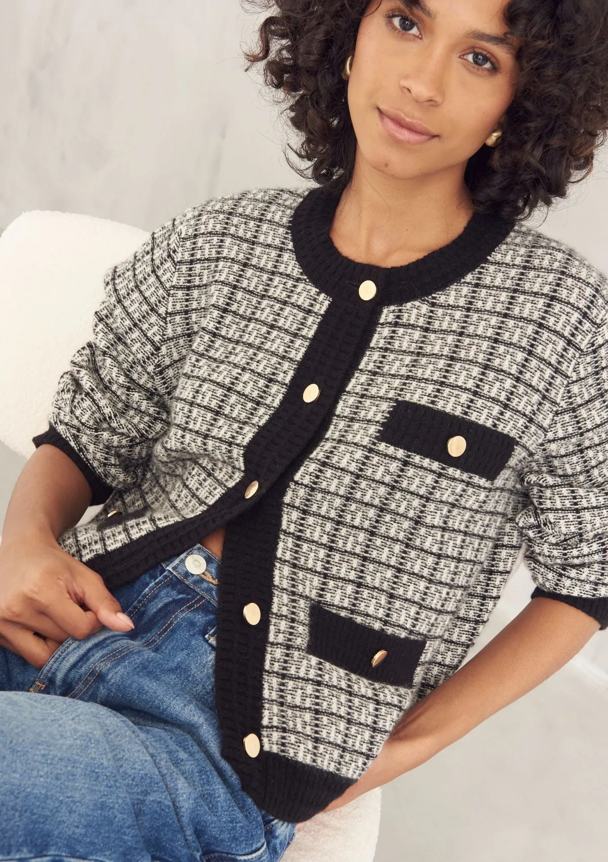 Textured Cashmere Crew Jacket in Black Check