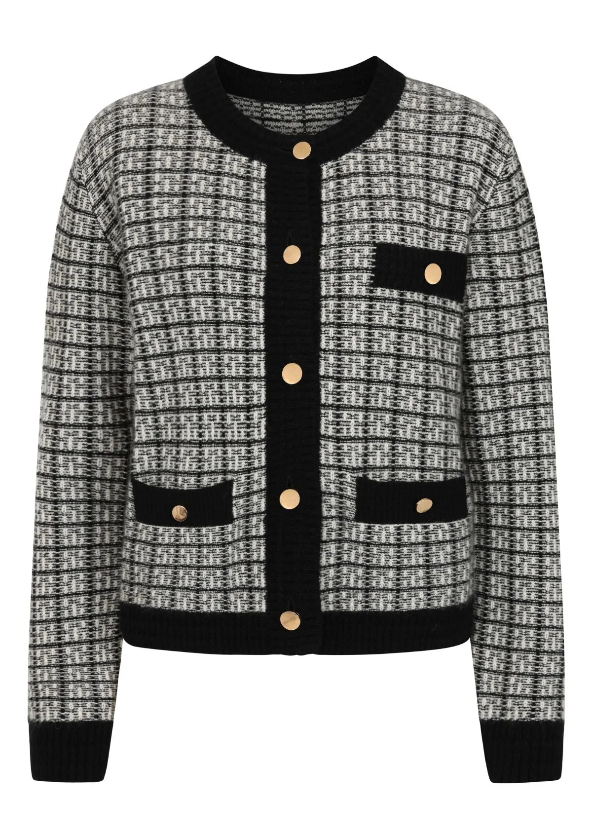 Textured Cashmere Crew Jacket in Black Check