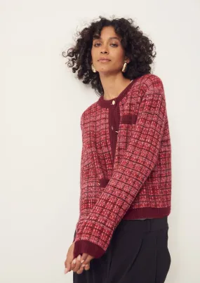 Textured Cashmere Crew Jacket in Pink Check