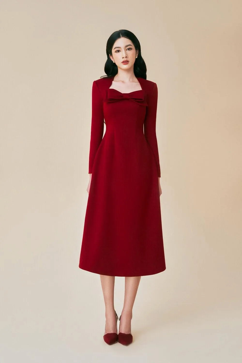 Trevi A-line Queen Anne Neck Cashmere Midi Dress