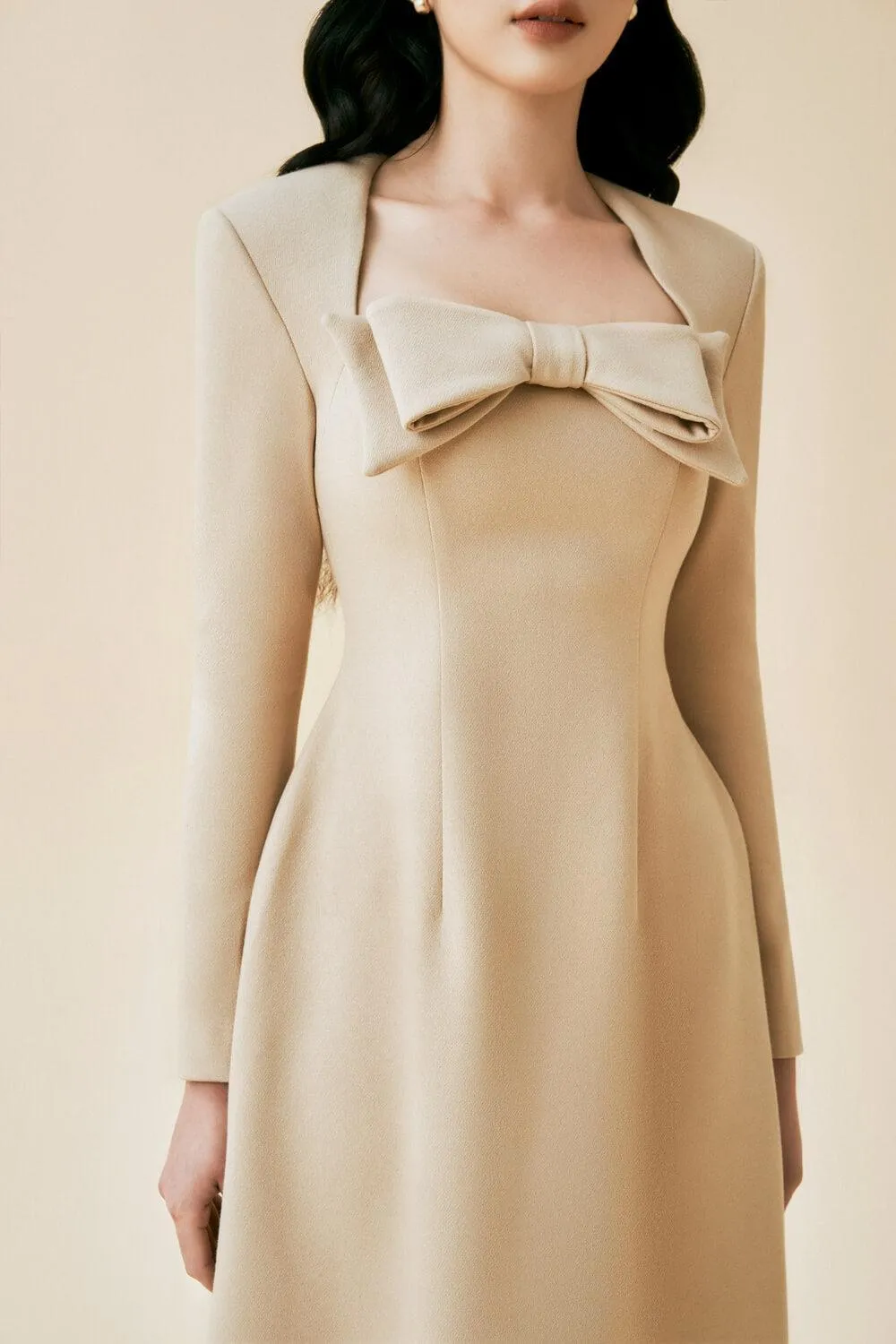 Trevi A-line Queen Anne Neck Cashmere Midi Dress