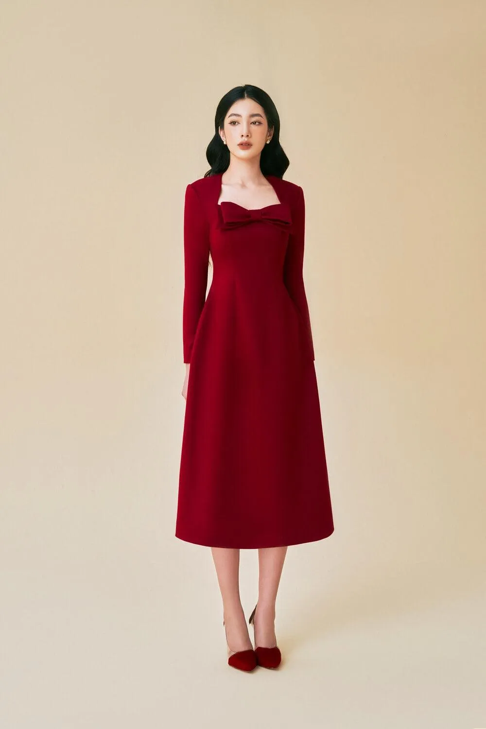 Trevi A-line Queen Anne Neck Cashmere Midi Dress