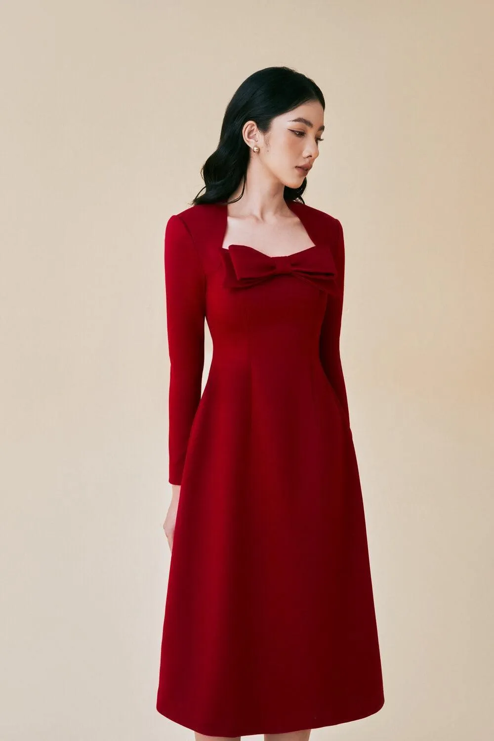 Trevi A-line Queen Anne Neck Cashmere Midi Dress