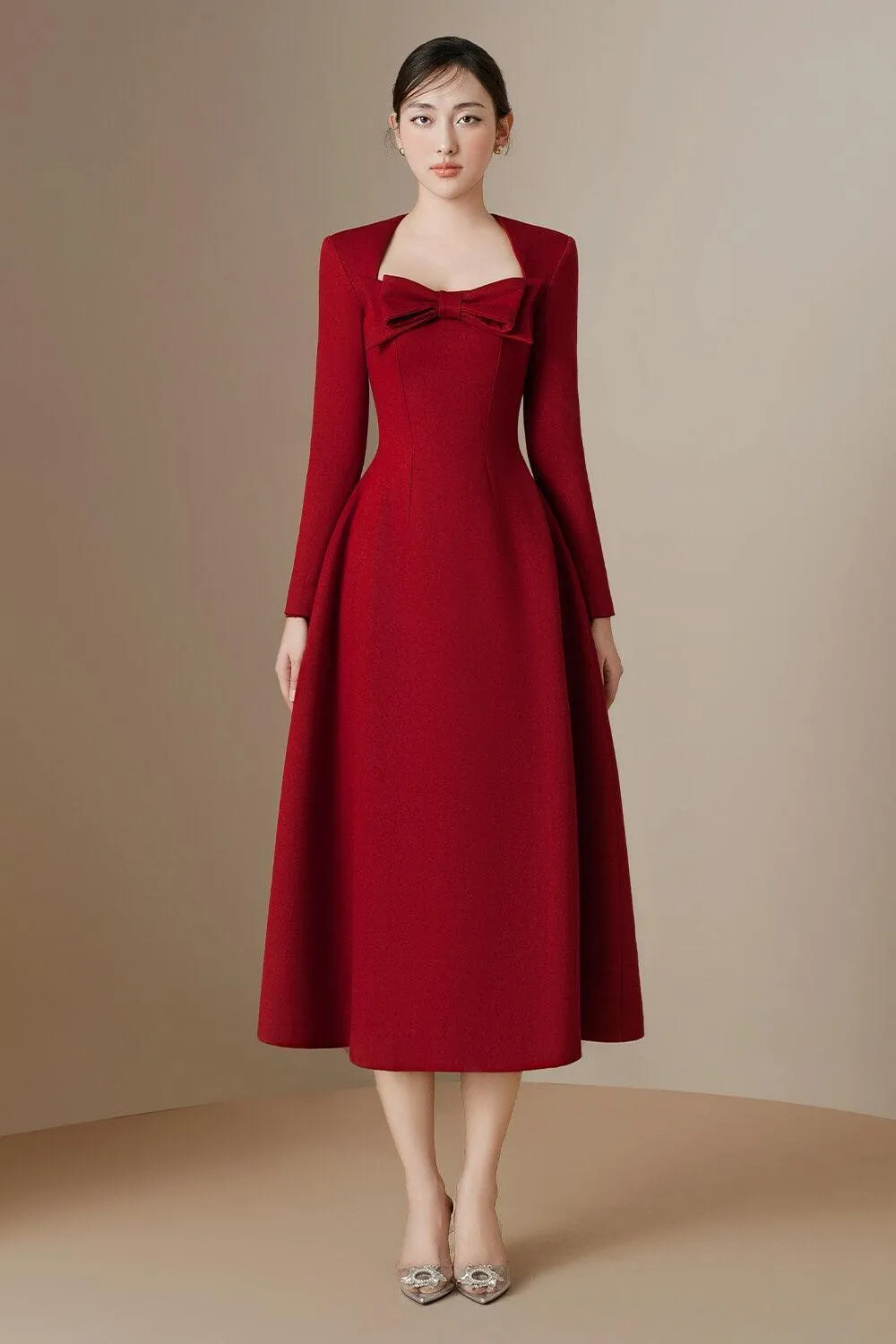 Trevi A-line Queen Anne Neck Cashmere Midi Dress