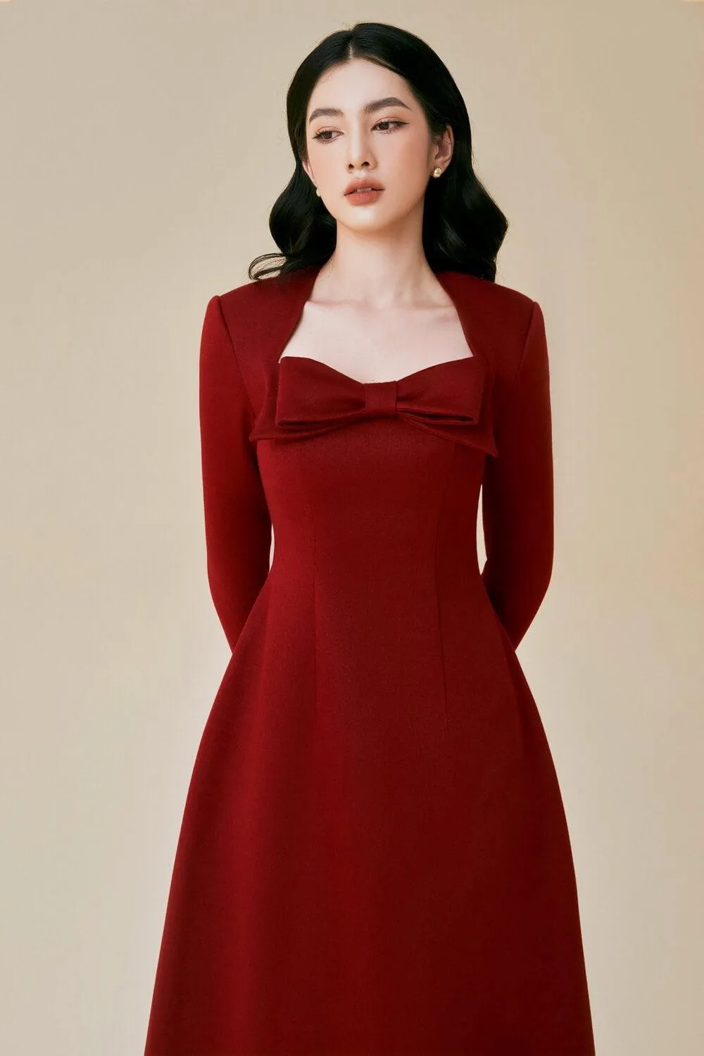 Trevi A-line Queen Anne Neck Cashmere Midi Dress