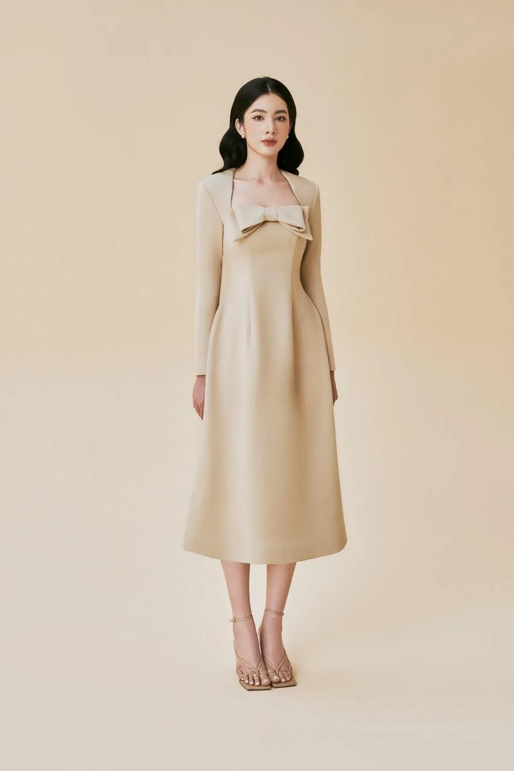 Trevi A-line Queen Anne Neck Cashmere Midi Dress