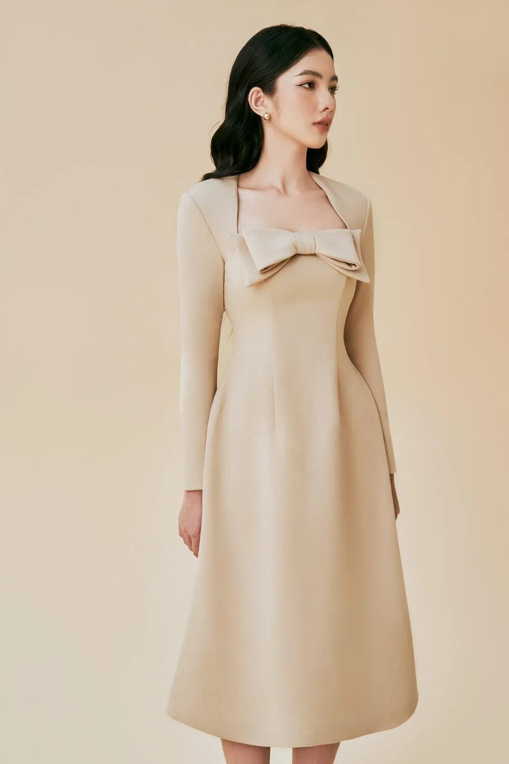 Trevi A-line Queen Anne Neck Cashmere Midi Dress