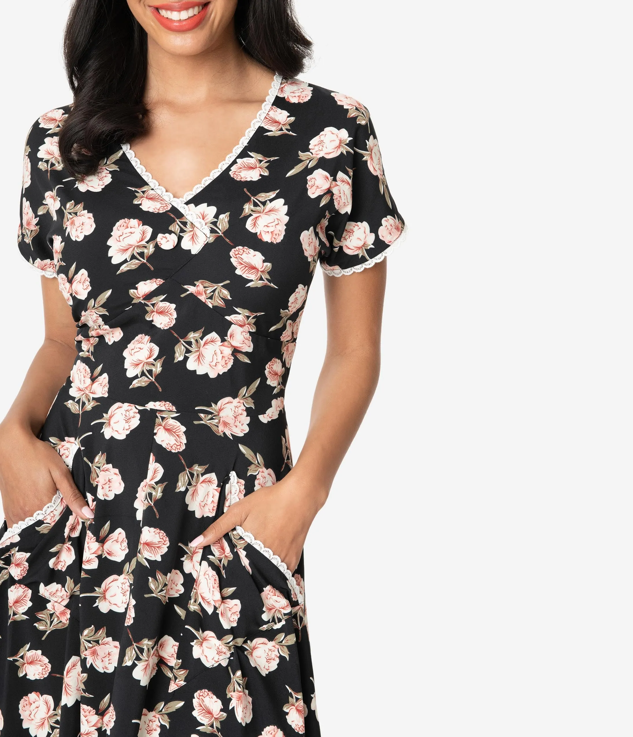 Unique Vintage 1950s Black & Pink Floral Goldie Swing Dress