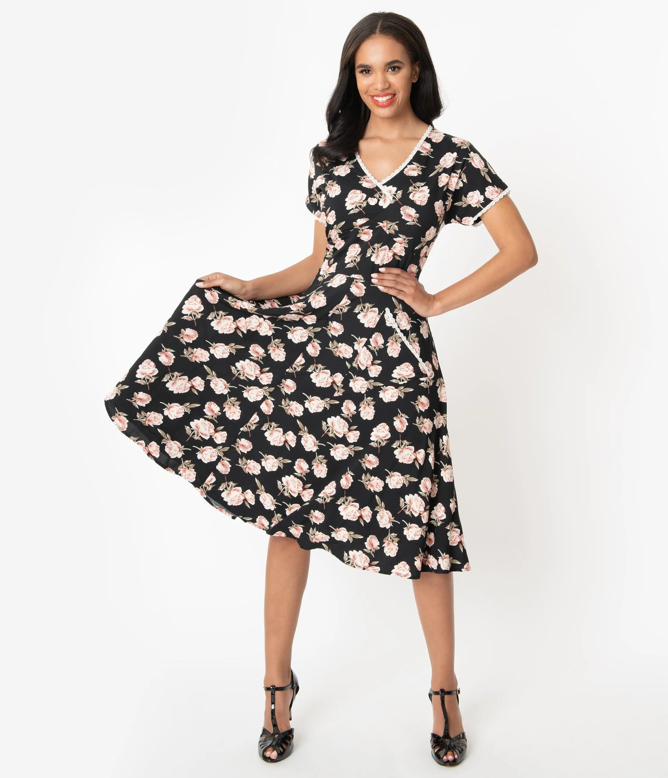 Unique Vintage 1950s Black & Pink Floral Goldie Swing Dress