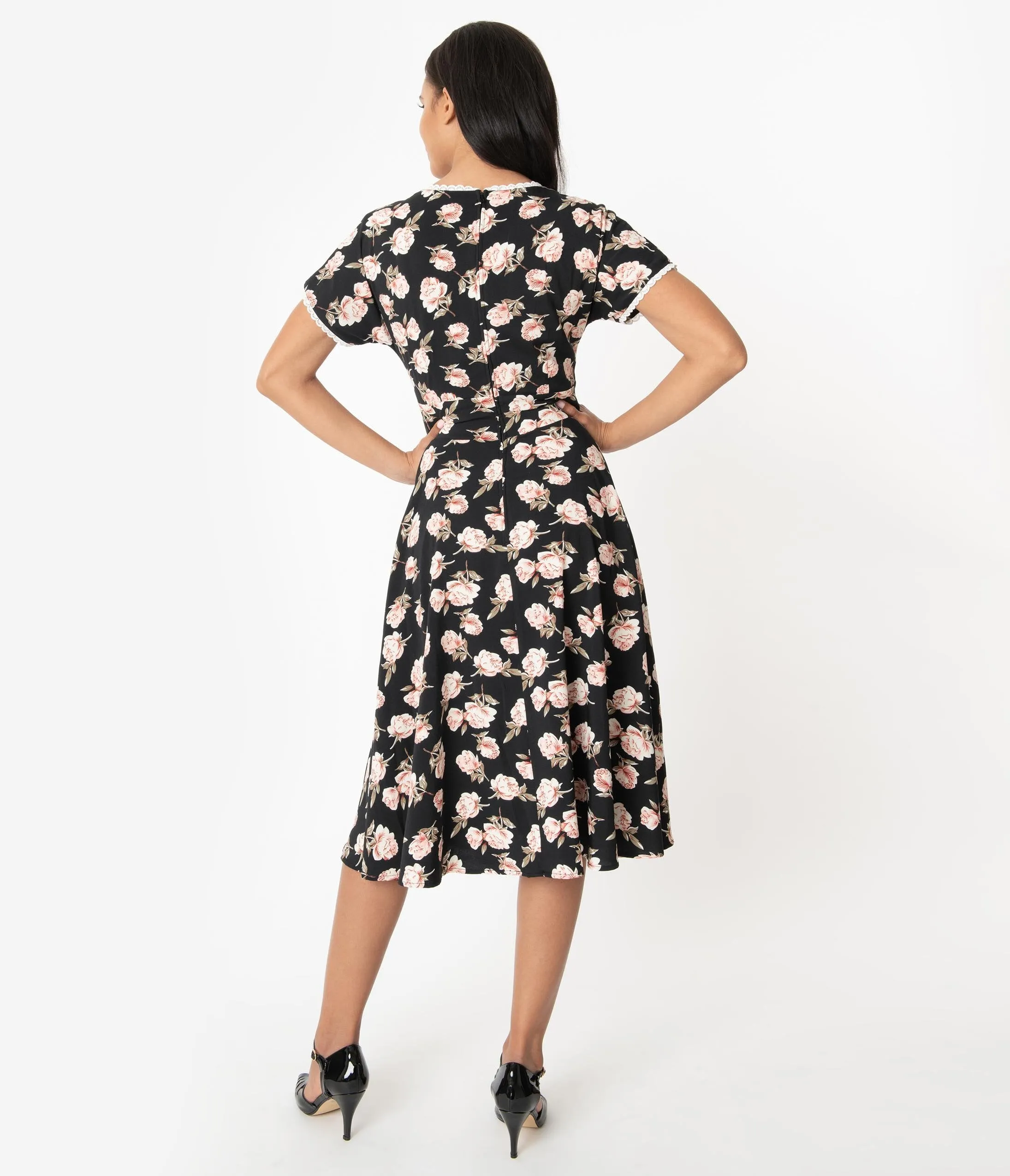 Unique Vintage 1950s Black & Pink Floral Goldie Swing Dress