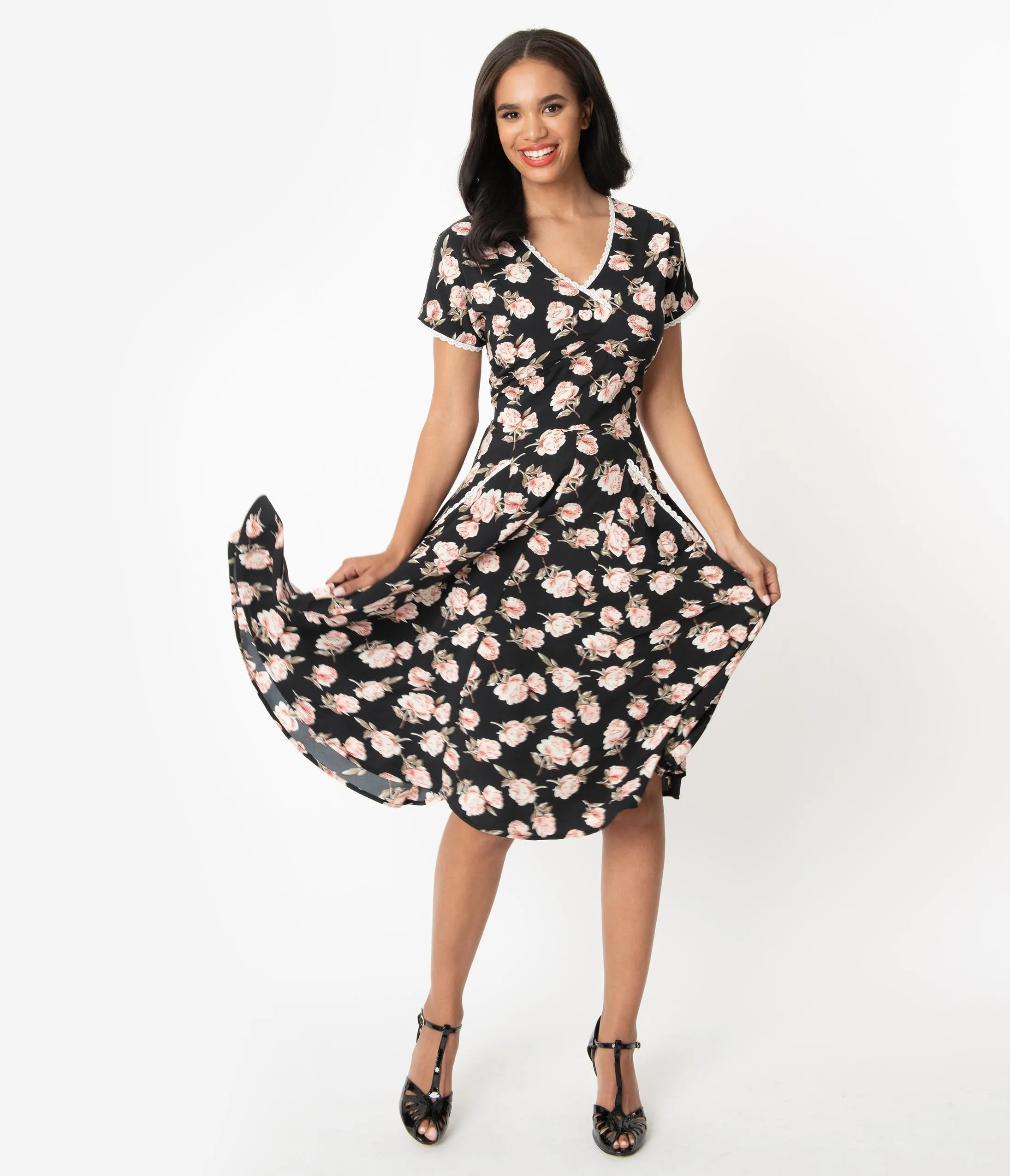 Unique Vintage 1950s Black & Pink Floral Goldie Swing Dress