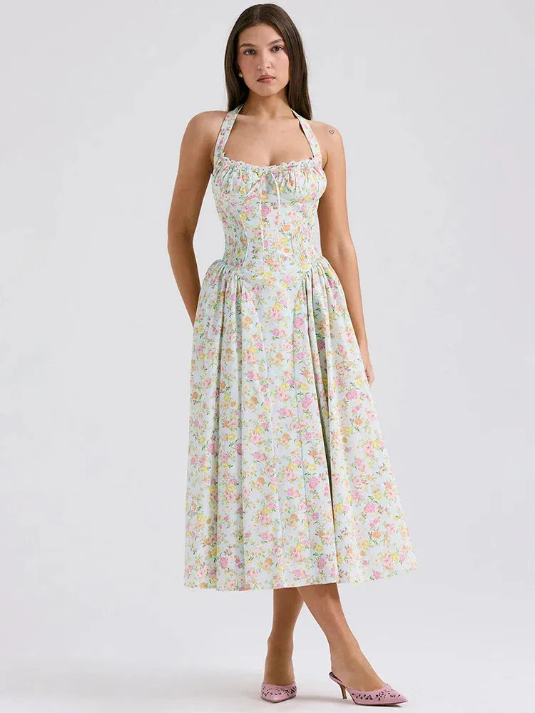 Waist Wrap Print A-line Long Halter Spring Summer Backless Sexy Midi Dress