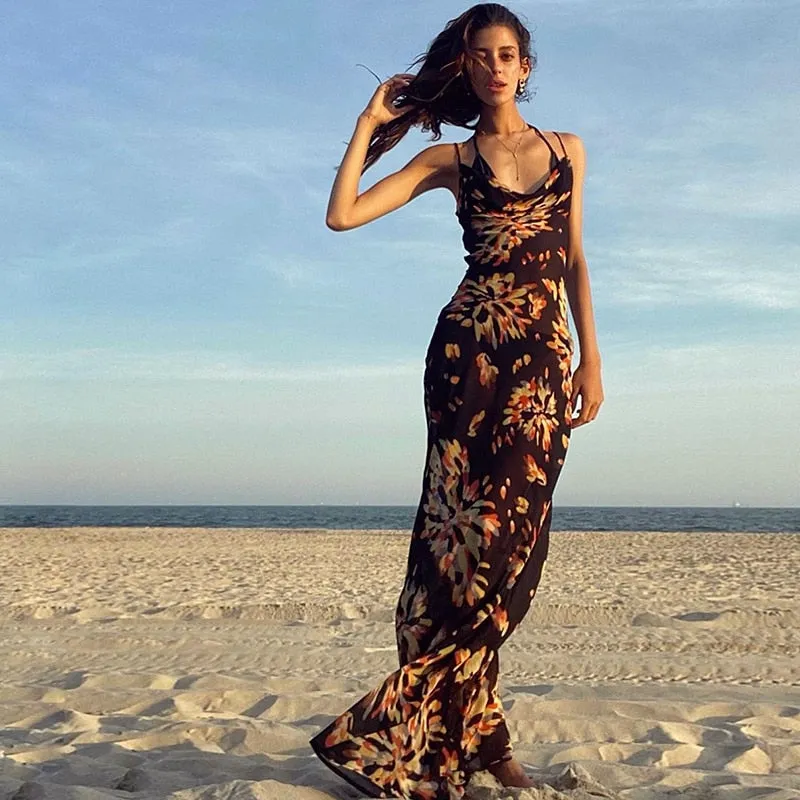 Wenkouban Floral Maxi Dress Women Cowl Neck Spaghetti Strap Backless Print Beach Dresses Woman Party Night Long Dress Black