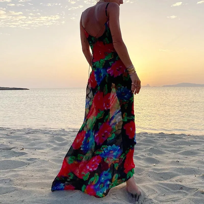 Wenkouban Floral Maxi Dress Women Cowl Neck Spaghetti Strap Backless Print Beach Dresses Woman Party Night Long Dress Black