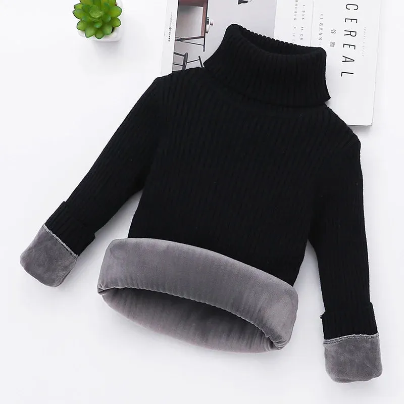 Winter Big Children Thick Sweaters Boy Girl Knitted Turtleneck Kids High Collar Pullover Sweater Plus Velvet Warm Knitwear 2-10Y