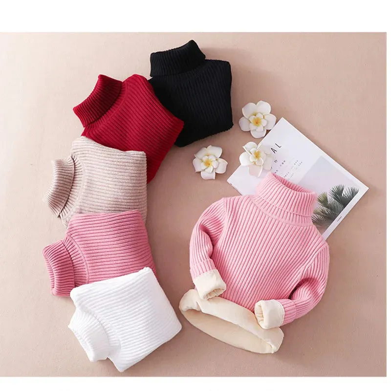 Winter Big Children Thick Sweaters Boy Girl Knitted Turtleneck Kids High Collar Pullover Sweater Plus Velvet Warm Knitwear 2-10Y