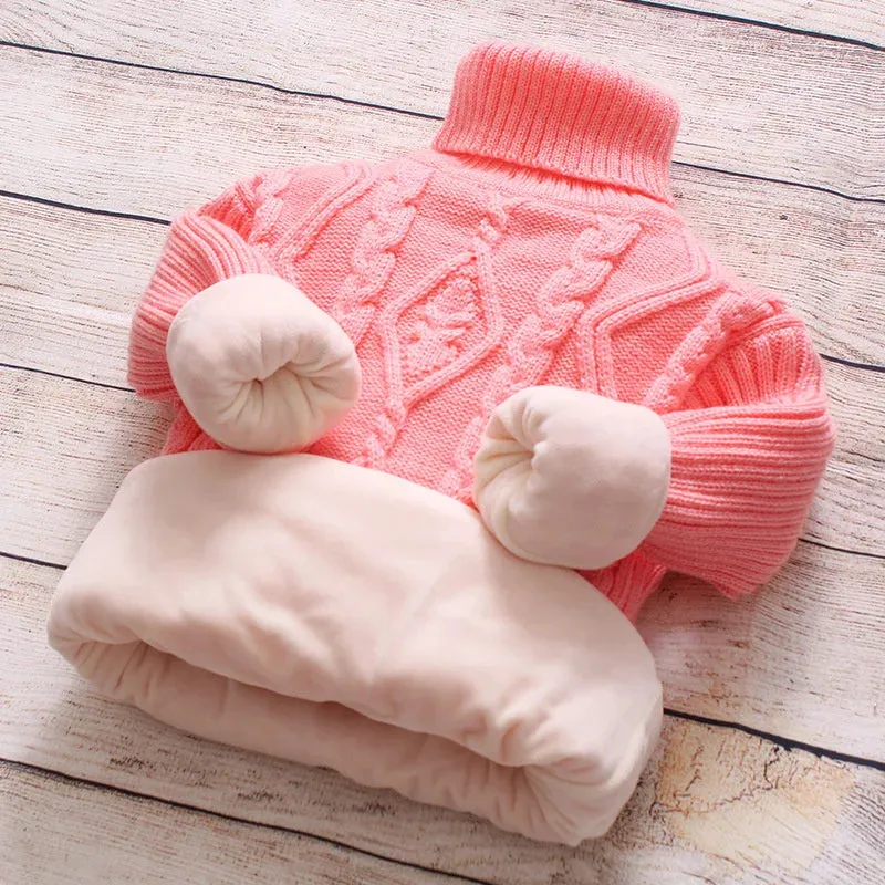 Winter Big Children Thick Sweaters Boy Girl Knitted Turtleneck Kids High Collar Pullover Sweater Plus Velvet Warm Knitwear 2-10Y