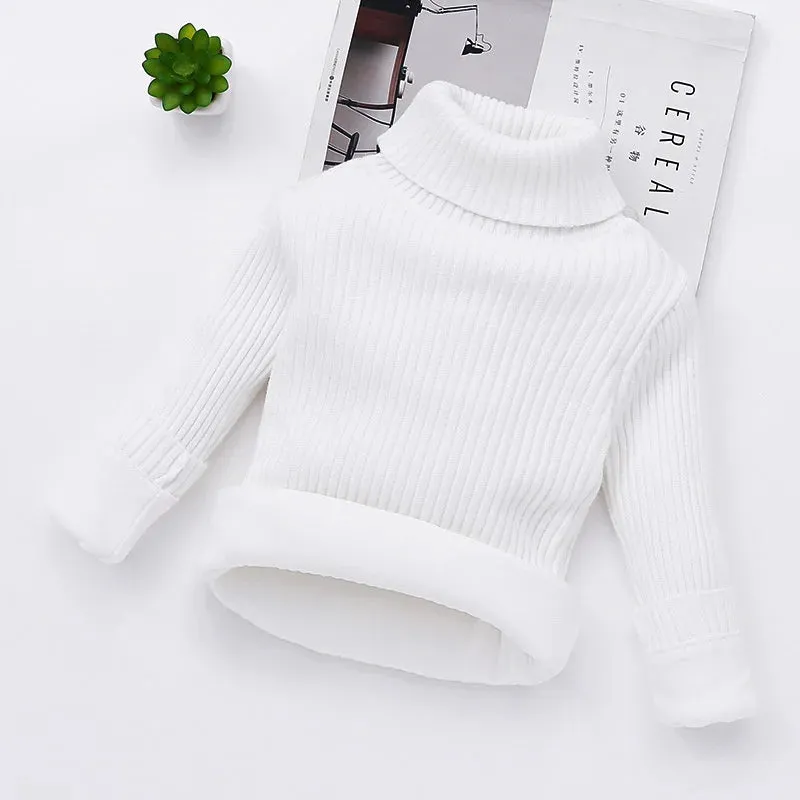 Winter Big Children Thick Sweaters Boy Girl Knitted Turtleneck Kids High Collar Pullover Sweater Plus Velvet Warm Knitwear 2-10Y