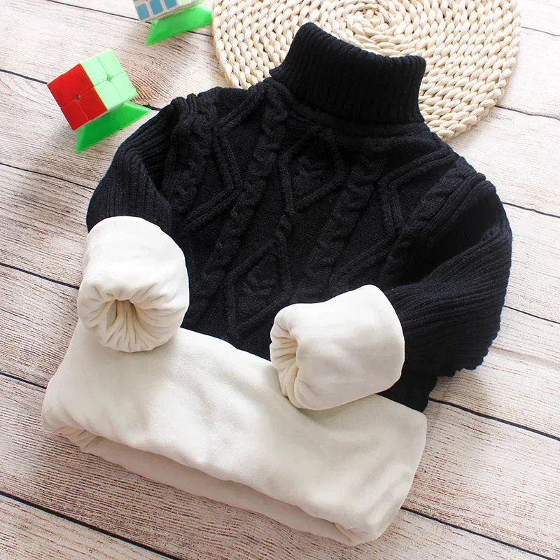 Winter Big Children Thick Sweaters Boy Girl Knitted Turtleneck Kids High Collar Pullover Sweater Plus Velvet Warm Knitwear 2-10Y