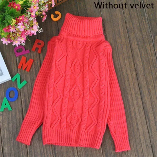 Winter Big Children Thick Sweaters Boy Girl Knitted Turtleneck Kids High Collar Pullover Sweater Plus Velvet Warm Knitwear 2-10Y