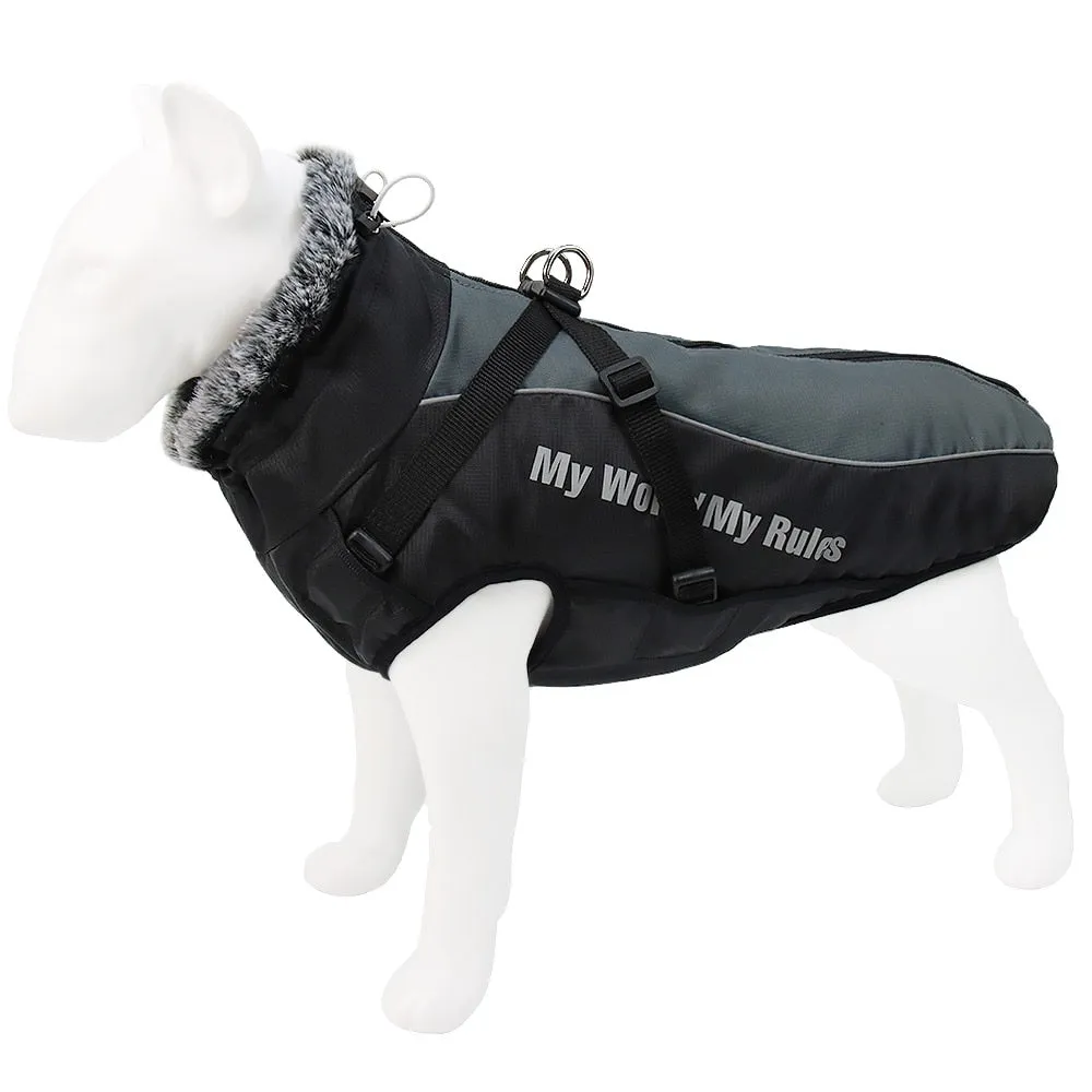 Winter Jacket for Large Dogs Fur Collar Waterproof Reflective Coat with Harness and Zipper Closure