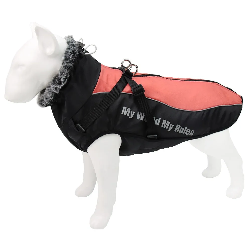 Winter Jacket for Large Dogs Fur Collar Waterproof Reflective Coat with Harness and Zipper Closure