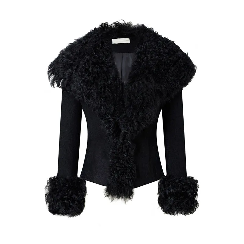 Wjczt cold weather outfits Style Niche Design Black High-End Fashionable Large Lapel Stitching Fur Collar Slim-Fit Short Autumn and Winter Coat for Women