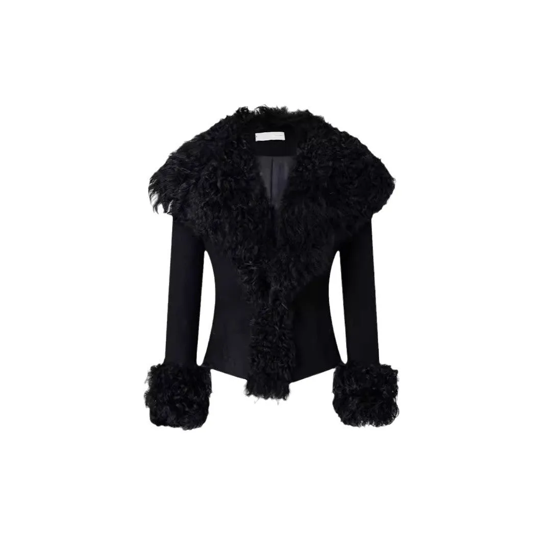 Wjczt cold weather outfits Style Niche Design Black High-End Fashionable Large Lapel Stitching Fur Collar Slim-Fit Short Autumn and Winter Coat for Women