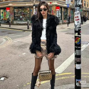 Wjczt cold weather outfits Style Niche Design Black High-End Fashionable Large Lapel Stitching Fur Collar Slim-Fit Short Autumn and Winter Coat for Women