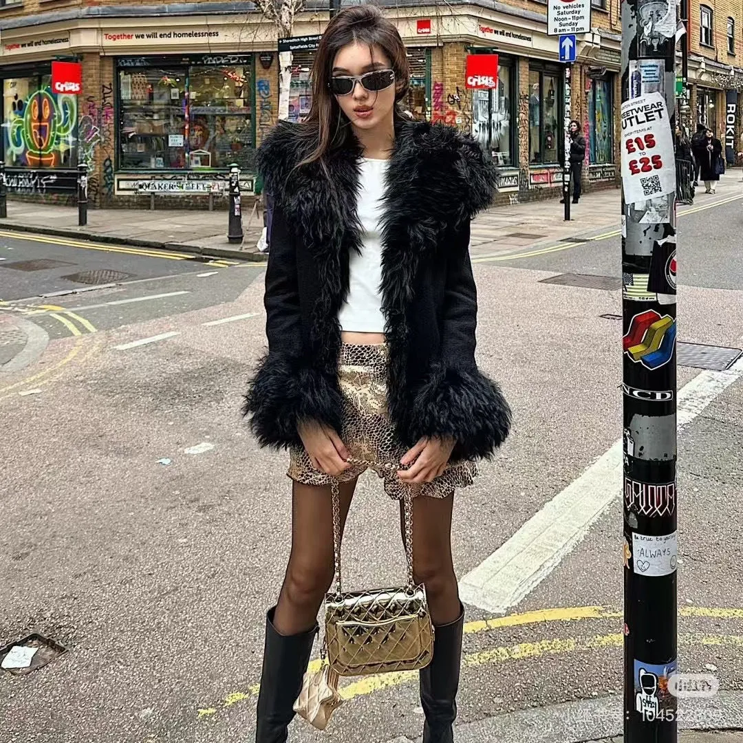 Wjczt cold weather outfits Style Niche Design Black High-End Fashionable Large Lapel Stitching Fur Collar Slim-Fit Short Autumn and Winter Coat for Women