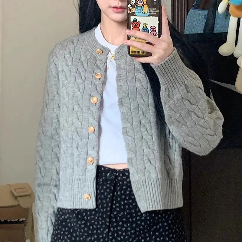 Women Fashion Cardigan Knitted Sweater New Long Sleeve Gray Buttons Short Coat Ladies Elegant O Neck Korean Style Casual Clothes