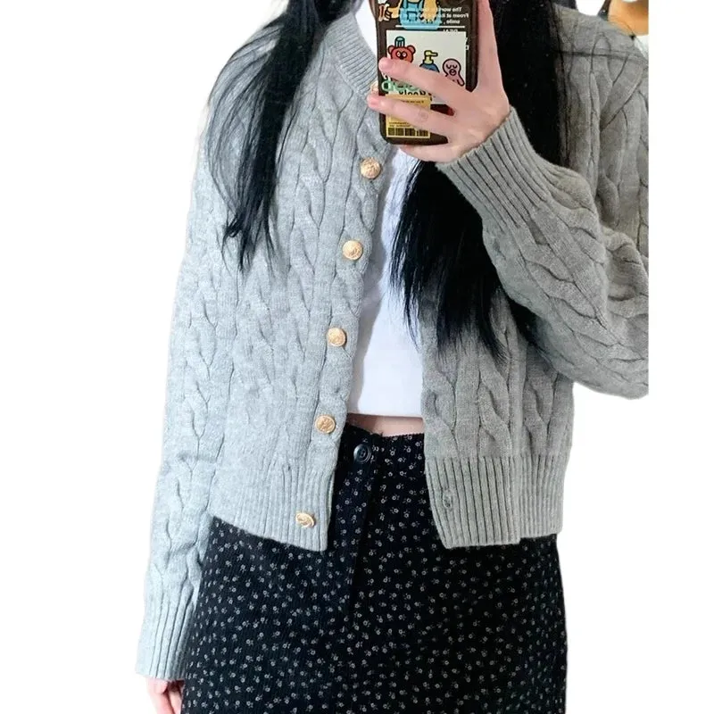 Women Fashion Cardigan Knitted Sweater New Long Sleeve Gray Buttons Short Coat Ladies Elegant O Neck Korean Style Casual Clothes